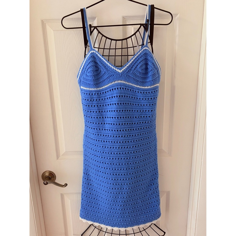 Willow & Wind Women's M Blue Crochet Knit Lined Mini Dress Boho Coastal